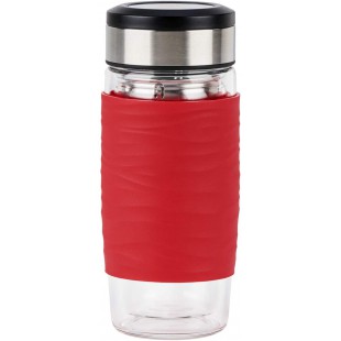 EMSA Tea Mug verre Rouge 0,4 L, Verre double paroi haute qualite, Manchon silicone, Infusion parfaite du the, Filtre 
