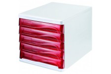 H6129420 Bloc de rangement a  5 tiroirs avec espace d'ecriture - gris clair/rouge transparent