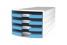 IMPULS Boite de rangement avec 4 tiroirs ouverts Blanc/bleu clair Format A4/C4