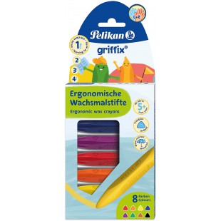 Pelikan Griffix 700825 Lot de 8 crayons de cire assortis dans un etui en carton pour droitiers et gauchers