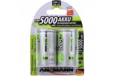 Pile ANSMANN D 5000 mAh NiMH 1,2 V (lot de 2) - batteries rechargeables Mono D, faible autodecharge maxE pour une utilisation pe