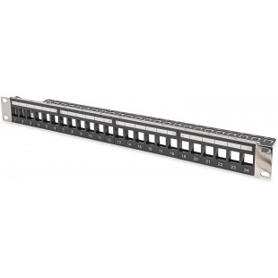 DIGITUS Patch Panel Modular - 24 Ports - 1U - Panneaux Logo - Blindes - Pour modules Keystone - Rack 19" - Noir