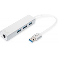 DIGITUS Concentrateur USB 3 Ports - Port Ethernet RJ45 - Super-Speed USB 3.0-5 GBit/s - Gigabit LAN - Boitier Aluminium