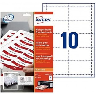 AVERY - Pochette de 200 inserts iprimables pour badges, En carte blanche 190g/m², Format 90 x 54 mm, Impression laser / jet d'en