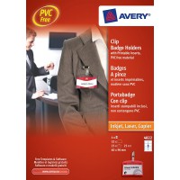 AVERY - Boite de 25 porte-badges a  clip en plastique souple transparent, 32 inserts imprimables fournis, Format 90 x 60 mm, Imp