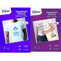 AVERY - Pochette de 15 Papiers Transferts Tee-Shirt ou Textiles Blancs ou Clairs, A4 & Pochette de 8 Papiers Transferts Tee-Shir