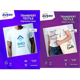 AVERY - Pochette de 15 Papiers Transferts Tee-Shirt ou Textiles Blancs ou Clairs, A4 & Pochette de 8 Papiers Transferts Tee-Shir