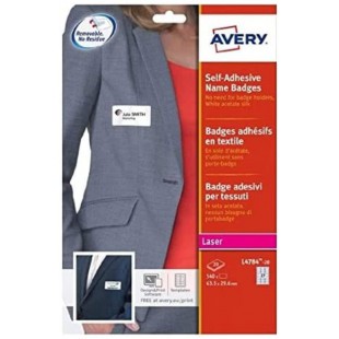 AVERY - Pochette de 540 badges autocollants imprimables pour textile, En soie d'acetate blanche, Format 63,5 x 29,6 mm, Impressi