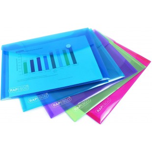 Lot de 5 : Rapesco 0689 Pochette Porte-Documents avec Bouton-Pression, A5, Couleurs Vives Transparentes, 