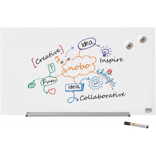 Nobo Tableau Blanc Magnetique Verre avec Porte-Marqueurs Amovible, 680 x 380 mm, Systeme de Fixation InvisaMount, Impression Pro