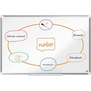 Nobo Tableau Blanc Magnetique emaille, 900 x 600mm, Cadre Aluminium, Montage Mural par les Coins, Marqueur Inclus, Premium Plus,