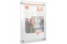 Nobo A4 Acrylic Wall Mounted Poster Frame, Frameless, Through Corner Fixing, Portrait/Landscape, Premium Plus, Clear, 1915591
