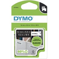 Dymo Autocollant Permanent en Polyester D1 Hautes Performances Dymo, 12 mm, Impression en Noir sur Fond Blanc, Cartouche de 5,4 