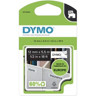 Dymo Autocollant Permanent en Polyester D1 Hautes Performances Dymo, 12 mm, Impression en Noir sur Fond Blanc, Cartouche de 5,4 