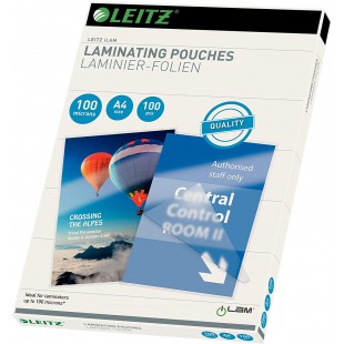 Leitz hot lamination pouches, A4, 100 pack, glossy, transparent, film thickness 100 mic, 33826