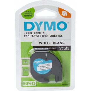 Dymo LetraTag Ruban Plastique Authentique, 1,2 cm x 4 m, Noir sur Blanc, Pour etiqueteuse DYMO LetraTag