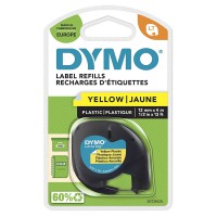 Dymo LetraTag Ruban Plastique Authentique, 1,2 cm x 4 m, Noir sur Jaune, Pour etiqueteuse DYMO LetraTag