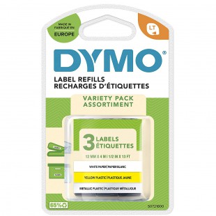 Ruban DYMO LetraTag Starter, 12 mm x 4 m (3 cassettes), impression noir sur jaune/argent/blanc, papier/plastique/metal, S0721800