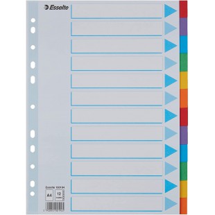 Esselte Intercalaires A4 12 Touches, Bleu/Multicolore, Carton Resistant Recycle, 12 Onglets avec Table des Matieres, 100194