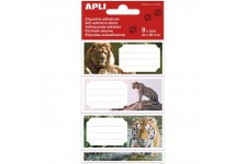 APLI 18434 - 9 etiquettes scolaires adhesives Animaux de la Jungle - 36 x 81 mm