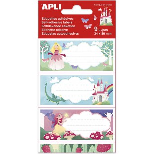 APLI 18436 - 9 etiquettes scolaires adhesives Princesses - 36 x 81 mm