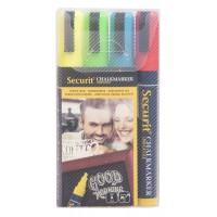Securit Pochette de 4 marqueurs a  craie liquide pointe biseautee largeur du trait 2 mm x 6 mm (Assortiment de couleurs) (Import