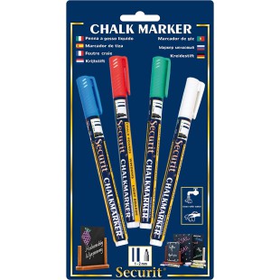 SECURIT Lot de 4 feutres-Craie 4 Couleurs 1-2 mm a  Encre Liquide effacable - Blanc, Bleu, Vert et Rouge - 1