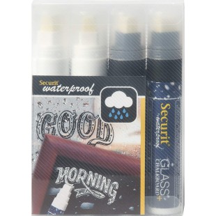 Securit Feutre-Craie Wtarproof Blanc et Noir Lot de 4 - Pointe Large 7-15mm