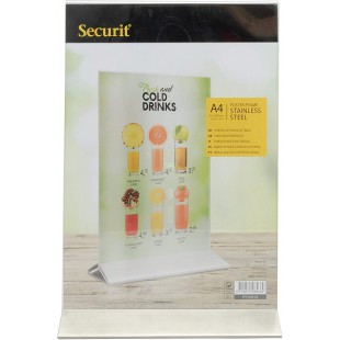 SECURIT Porte Menu de Table plexi - Porte Affiche avec Base en INOX pour Table d'hotel Restaurant - Transparent - A4