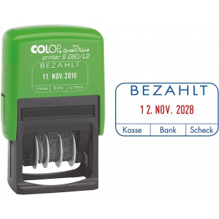 COLOP Printer S260 Green Line - Date en allemand et texte paye avec impression bicolore, produit en carton pliable.
