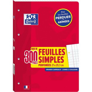 OXFORD Lot de 300 Pages Feuilles Simples A4 (21 x 29, 7cm) Detachables et Perforees Grands Carreaux Seyes + Couverture de protec