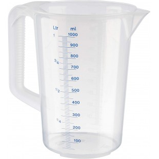 pichet doseur 1 litre, Ø 12 x H : 17 cm, pichet en plastique avec graduation en relief a  l'exterieur, poignee fermee, graduatio