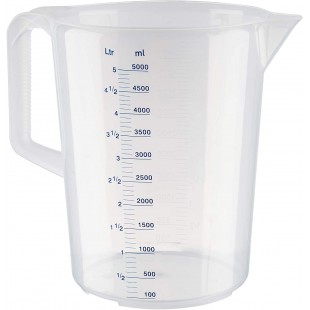 Pichet doseur 5 litres, Ø 20,5 x H : 27,5 cm, pichet en plastique avec graduation en relief a  l'exterieur, poignee fermee, gra