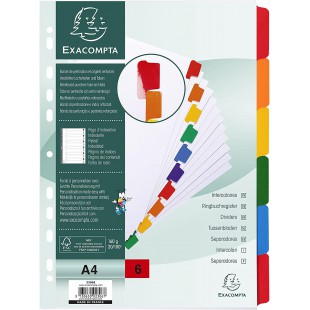 Exacompta - Ref. 2306E - Intercalaires en carte blanche 160g/m2 FSC® avec 6 onglets neutres en couleurs - renforces et plastifie