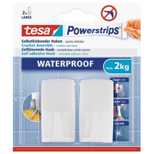 Tesa Powerstrips 2 Crochets rectangulaires Blanc + 2 Languettes Impermeable 59701-00003-00