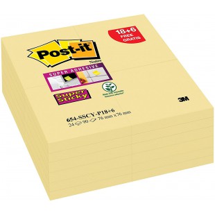 Notes Super Sticky Post-it® 90 feuilles 76x76 mm Lot de 18+6 - Jaune