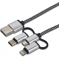 10407 Cable de Charge et de donnees 3 en 1 Lightning Micro Type C vers USB Extremement resistant grace a  Une Gaine en Nylon pou