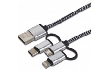 10407 Cable de Charge et de donnees 3 en 1 Lightning Micro Type C vers USB Extremement resistant grace a  Une Gaine en Nylon pou