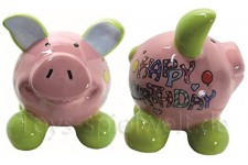 Lot de 6 : Tirelire cochon happy birthday girl 13 x 8,5 x 15,5 cm, 08,5 cm