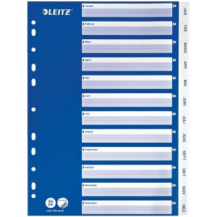 Intercalaires A4 Touches Janvier-Decembre, Bleu & Blanc, Onglets Renforces en Plastique Resistant avec Table des Matieres, 12546