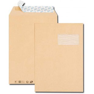 Boite de 250 pochettes kraft brun C4 229x324 90 g/m² fenetre 100x50 bande de protection