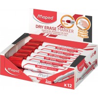 Lot de 12 : Maped - Marqueurs effacables a sec Rouge x 12 - Pointe ogive large 2mm - Tableaux blancs, ardoises et surfaces non p