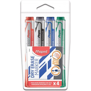 Maped - Marqueurs effacables a  sec, pochette x 4 Bleu, noir, rouge,vert - Pointe ogive large 2mm - Tableaux blancs, ardoises et