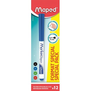 Maped - Boite de 12 Marker'Peps fins effacables - Feutres fins effacables a sec - Coloris : Noir x4, bleu x4, vert 