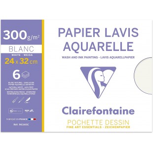 Lot de 5 : Clairefontaine 96340C - Pochette Dessin Scolaire - 6 Feuilles Papier Dessin Lavis Aquarelle - 24x32 cm 300g - Ideal p
