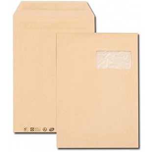 Boite de 250 pochettes kraft brun 1000 raies autocollant 90g Format 229x324 C4 fenetre 50x100