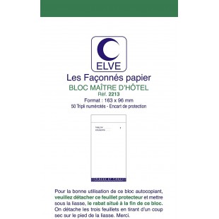 Elve 2213 bloc maitre d'hotel carnet autocopiant 163 x 96 50 tripli numerotes