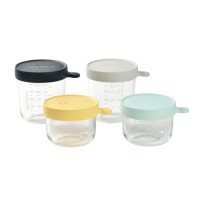 BÉABA Coffret 4 portions verre, pots de conversation (150ml yellow / 150ml light blue / 250ml dark blue / 250ml light mist)