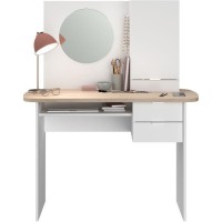 PARISOT Coiffeuse 1 porte 2 tiroirs - Décor blanc et chene + miroir rond - L 110 x P 49,5 x H 134.1 cm - GABY