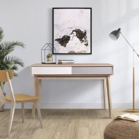 Bureau avec 2 tiroirs - Scandinave - NEW SOFIA - Chene Blanc Gris Motifs - L 120 x P 55 x H 78 cm